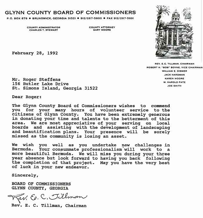 Glynn County, Georgia, 1992 letter of commendation to Roger Steffens for landscaping planning