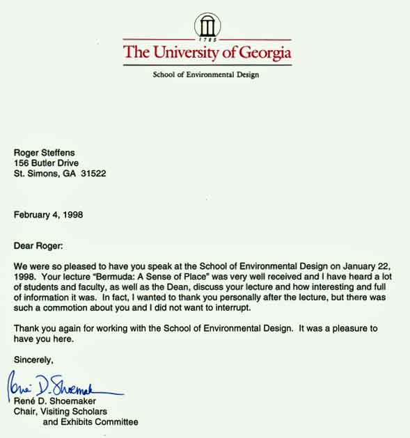 UGA 1998 letter of appreciation to Roger Steffens for Bermuda lecture