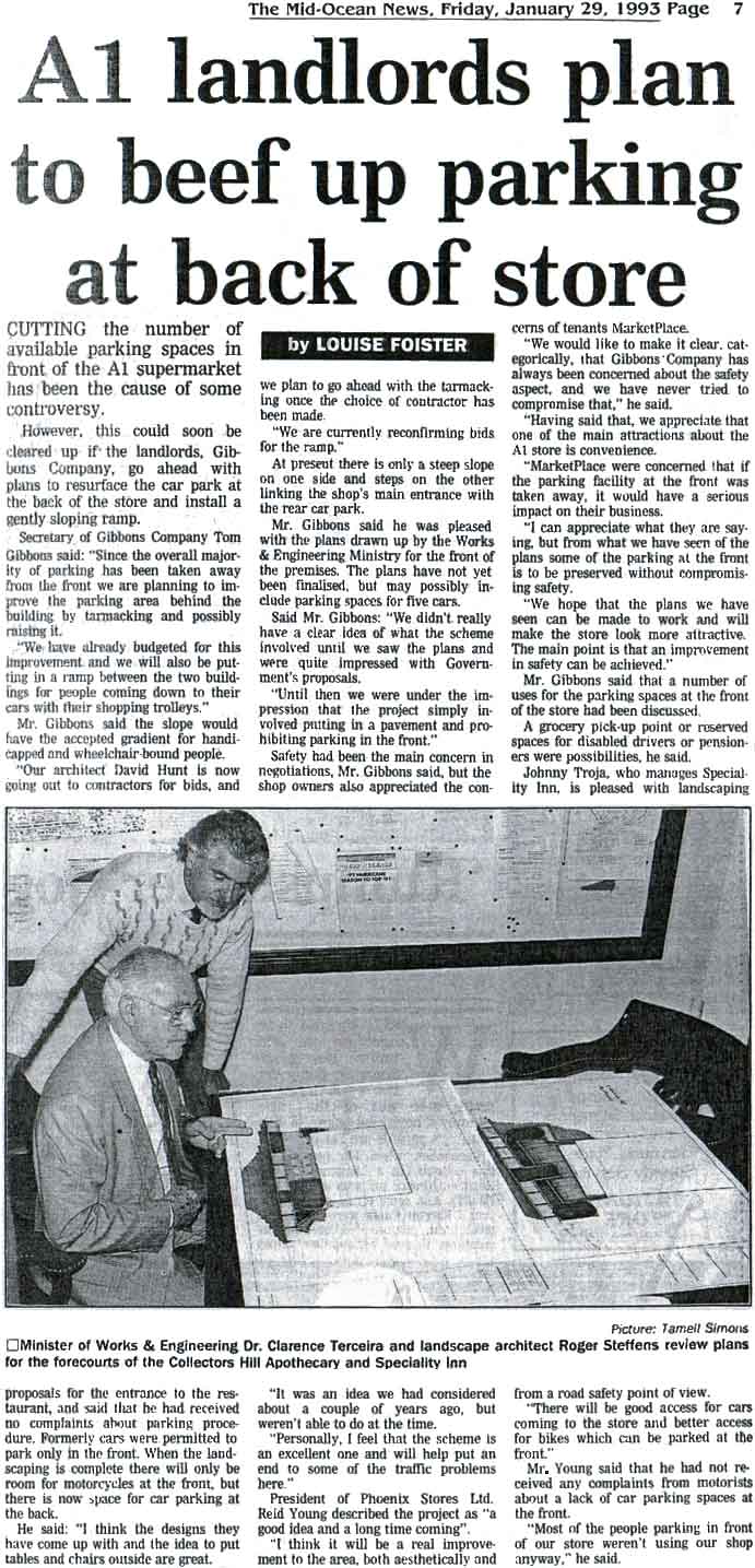 Roger Stefens with Minister of Works & Engineering reviews 1993 Bermuda store plans for forecourts
